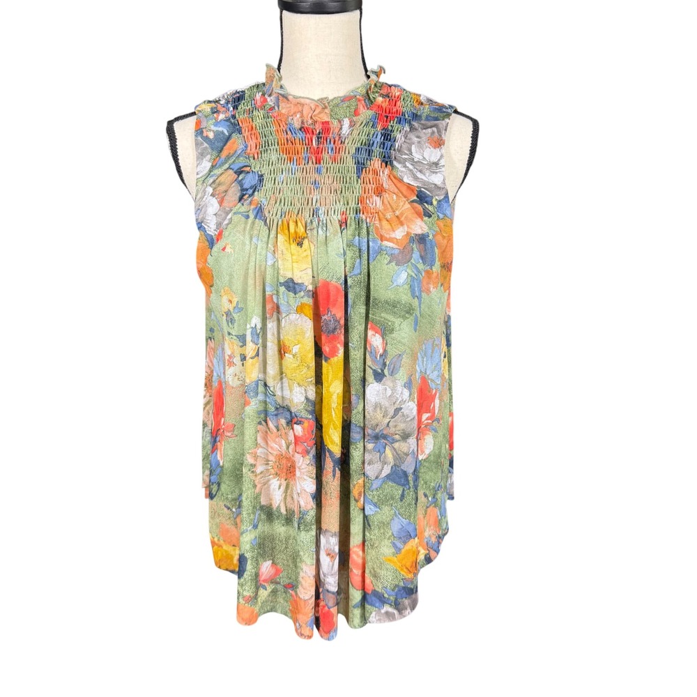 Deletta Anthropologie Floral Smocked Mock Neck Mesh Sleeveless Blouse XS Colorfu